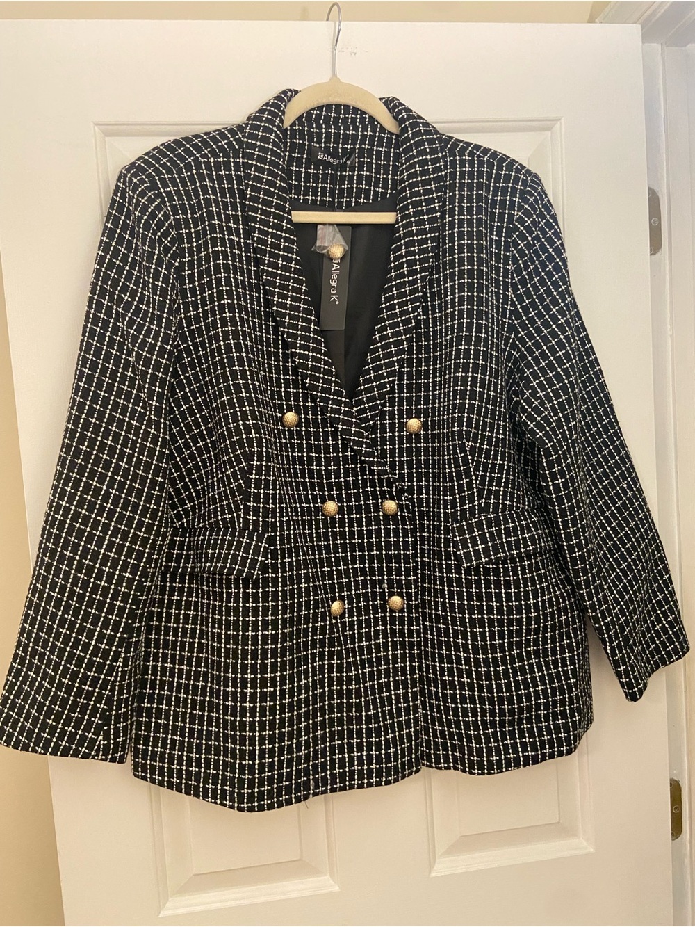 Allegra K Black & White Check Double-Breasted Blazer w/ Lightly Padded Shoulders